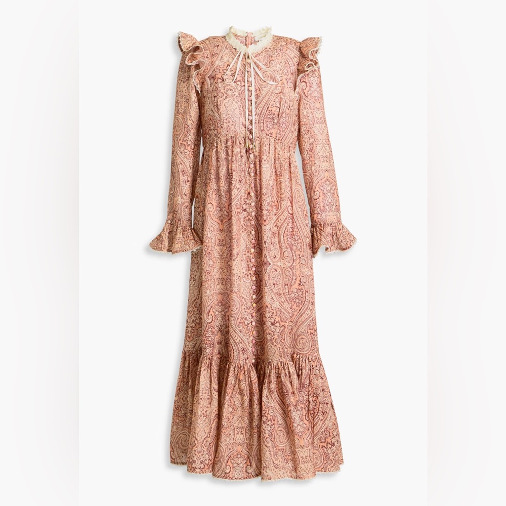 Zimmermann Wonderland Blush Paisley Midi Frill Linen Dress Gown Size AU 0